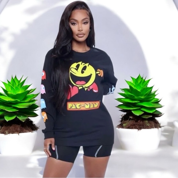 Pac-Man Black Long Sleeve Tee Shirt with Kanji - Picture 2 of 16